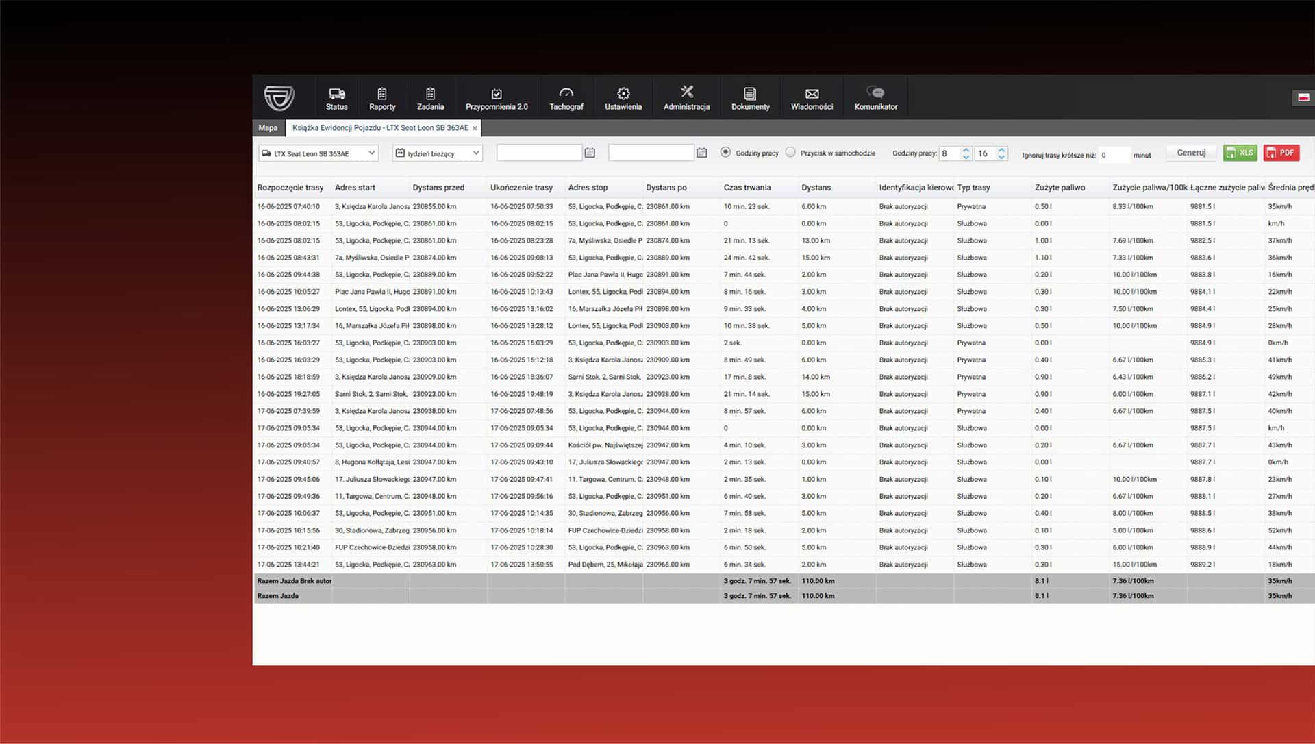 TEKSON GPS - Książka ewidencji pojazdu
