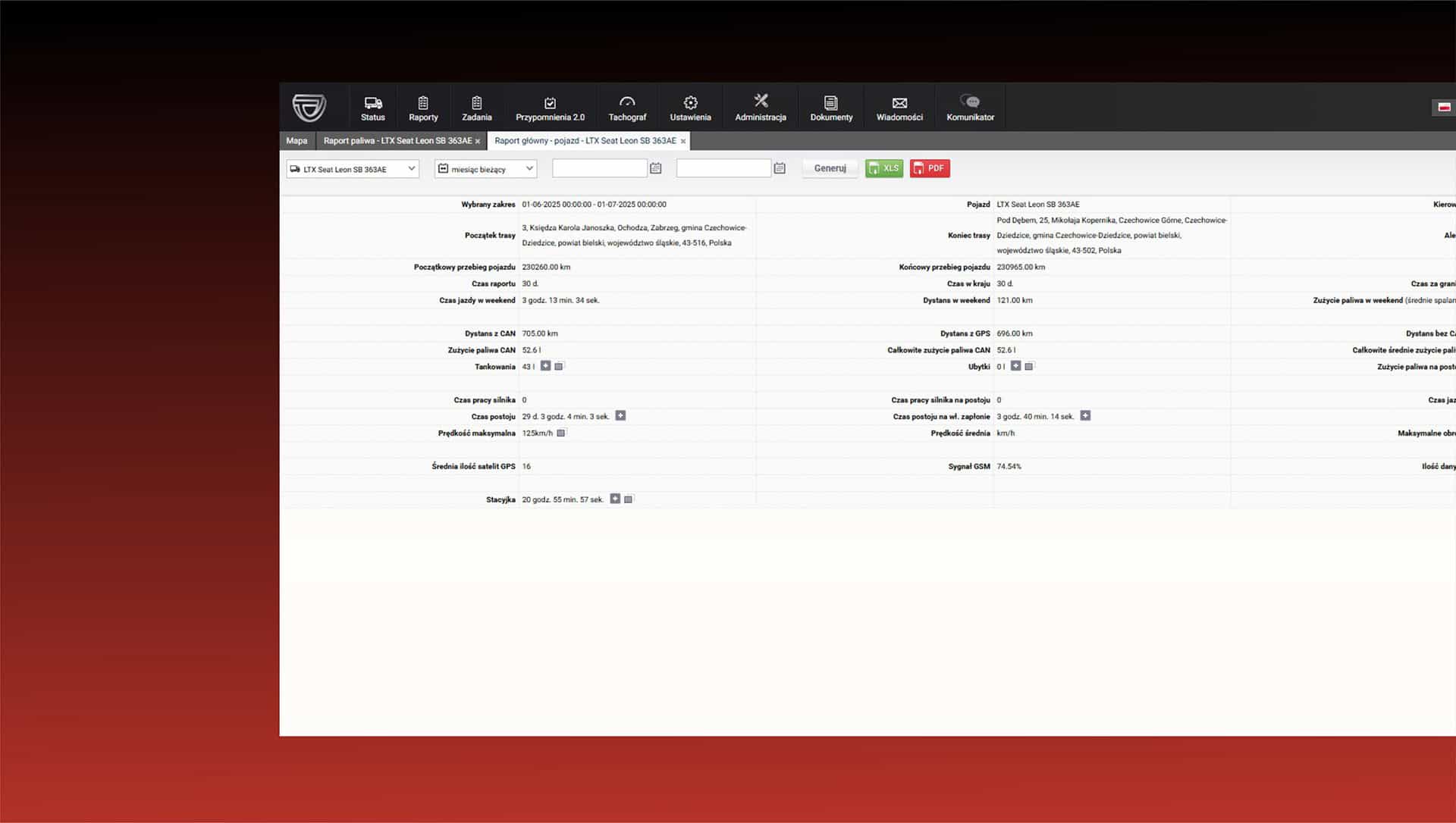 TEKSON GPS - Raport glowny pojazdu